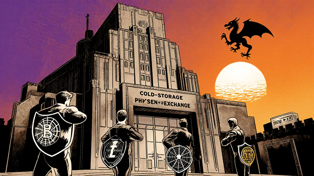Cyber‑security heroes defend a crypto exchange building with shield icons.
