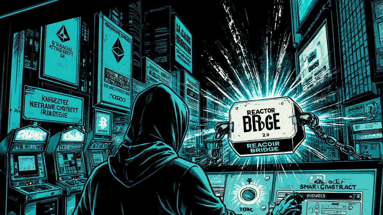 Developer using a bridge tool to fuse Bitcoin and Ethereum systems, with a Southeast Asian city in the background.