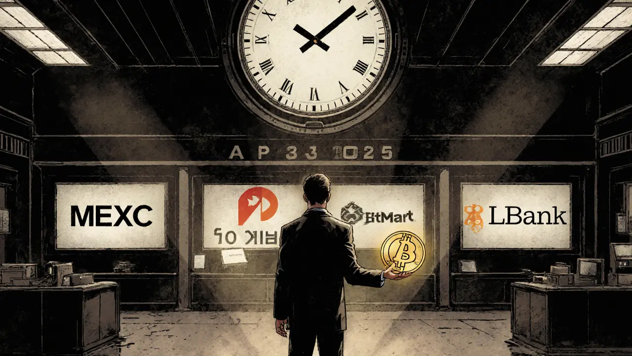 Investor holding AP3X token and Apex Wallet alone on a deserted exchange floor, clock ticking toward 2025.