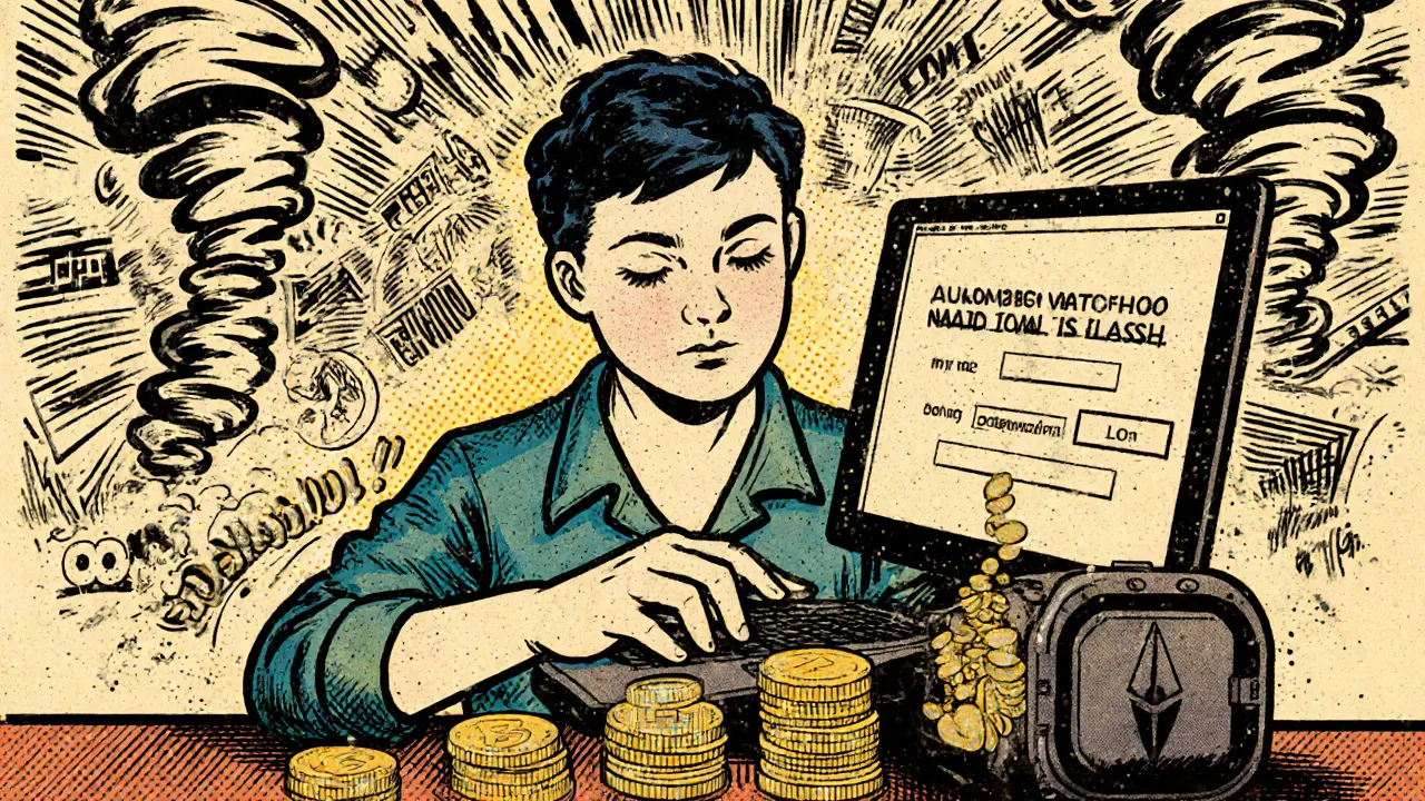 A calm person sets up automated crypto buys while chaos of market headlines swirls around them.