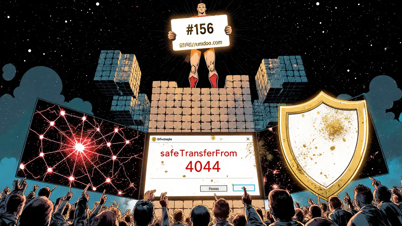 A hero holds an NFT on a blockchain tower while a broken image looms below.