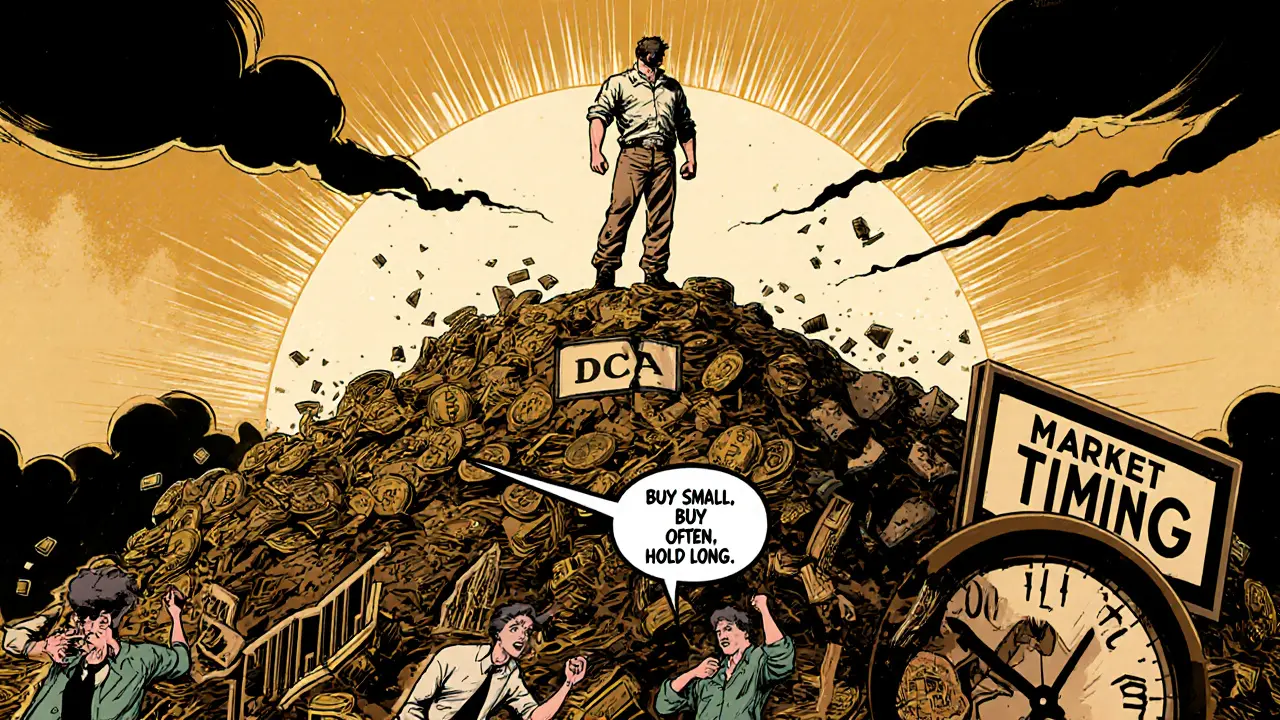 A hero stands on a mountain of crypto coins, overlooking fallen market timing signs at sunrise.