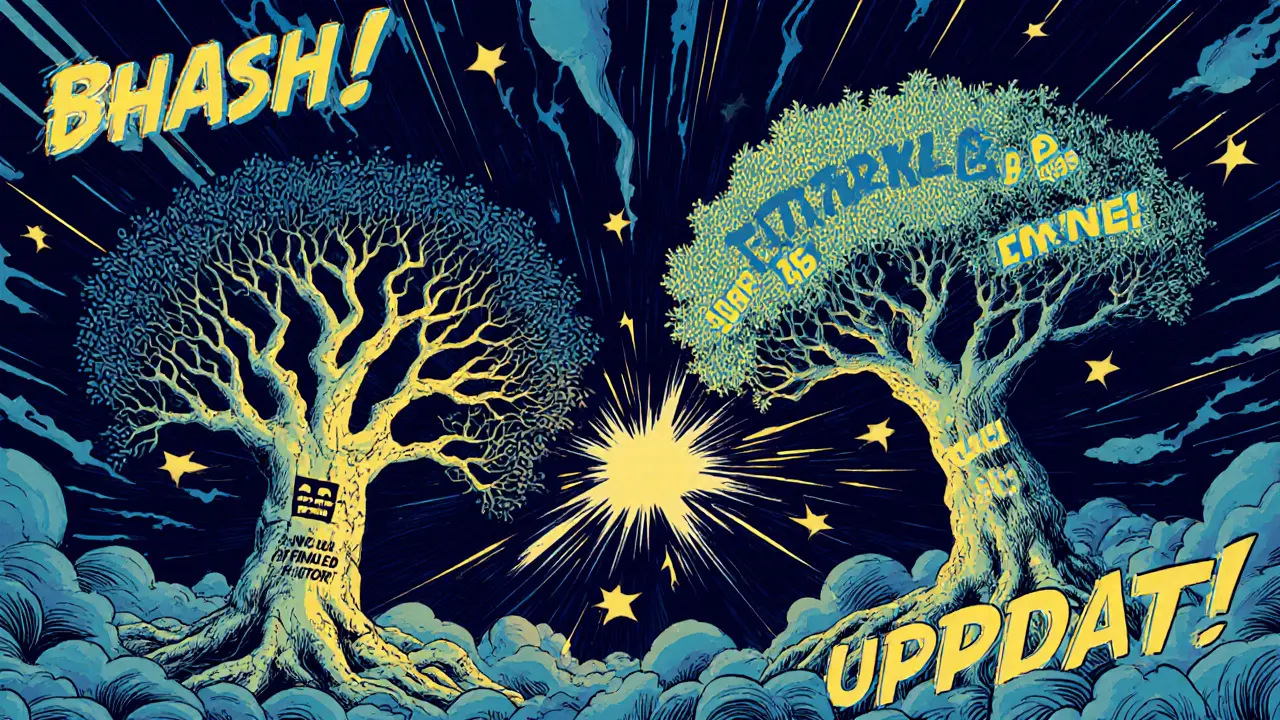 Binary Merkle Tree and Merkle-Patricia Tree as opposing forces in a cosmic data battle, symbolizing Bitcoin vs Ethereum.