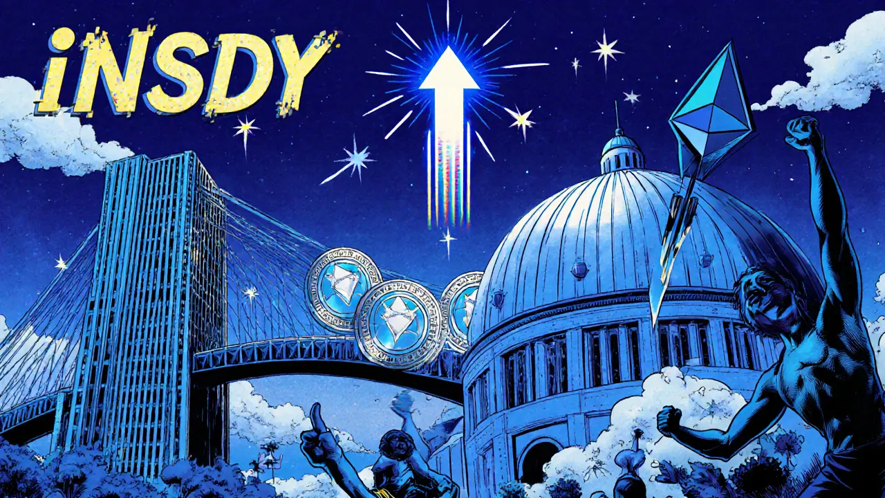 Bridge linking Cardano to Ethereum with INDY rockets and an upward chart indicating future growth.