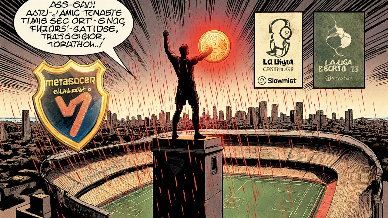 Champion holds legendary NFT atop a futuristic stadium, with security shield and city skyline.