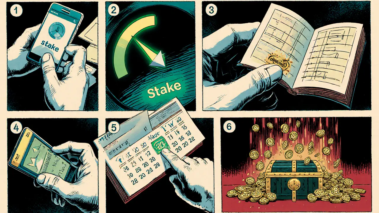 Comic panel sequence showing a user staking, meter rising, calendar snapshot, and claiming tokens.