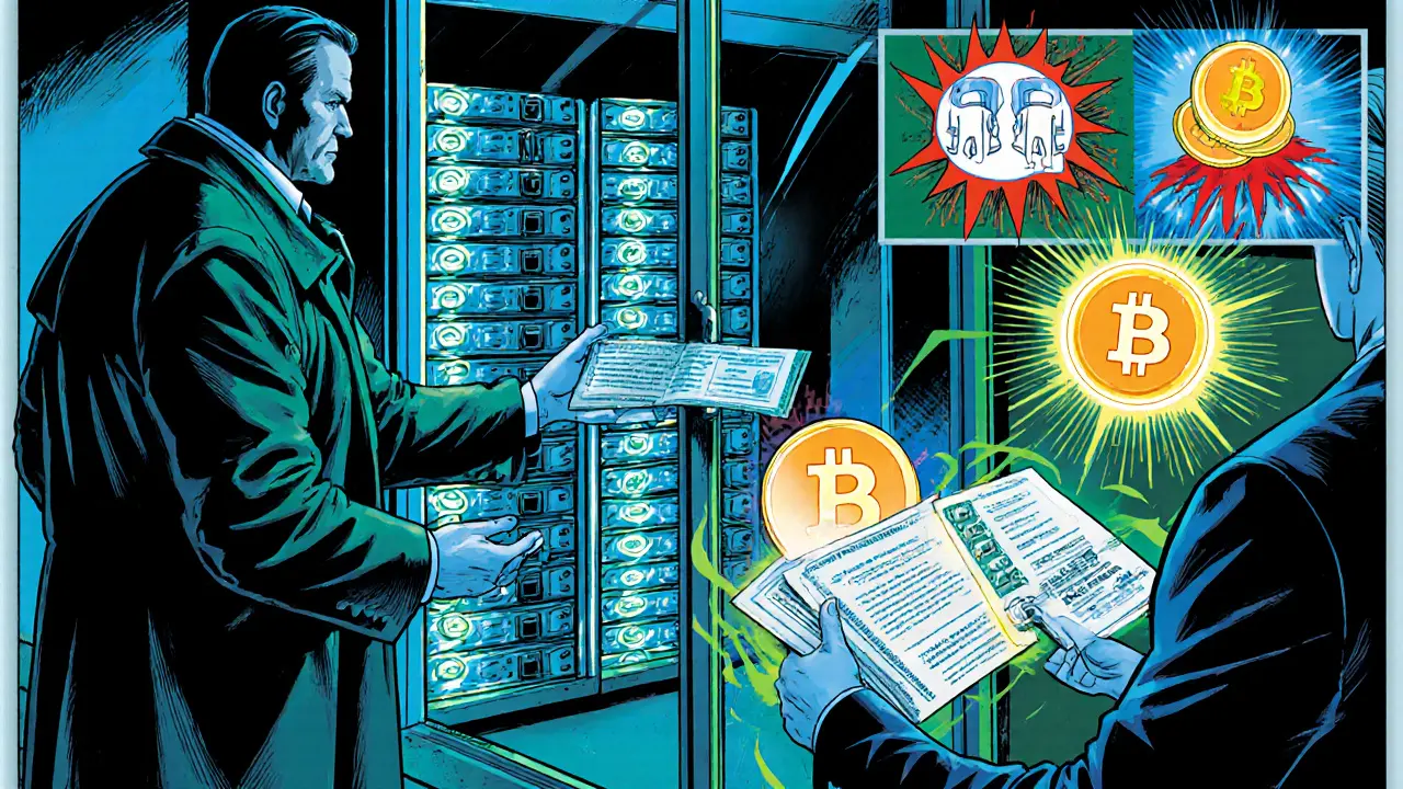 Comic panel showing cold‑storage vault and traders exchanging ETF shares for Bitcoin, with TFSA and RRSP icons.