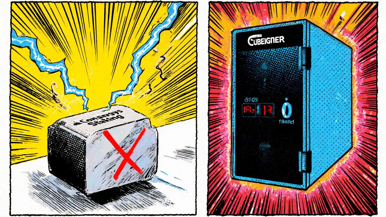 Comic panels show double signing conflict and offline validator with protection tools.