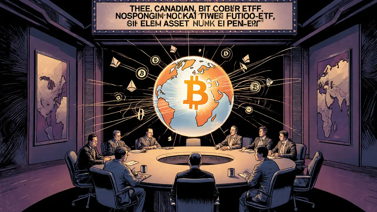 Comic spread depicting investors in a boardroom reviewing a glowing globe, highlighting Canada's ETF impact and future crypto index funds.