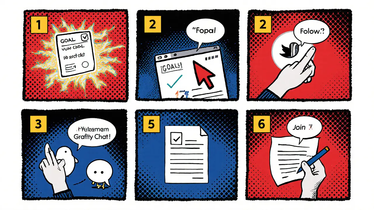 Comic strip panels showing a user adding watchlists, following social accounts, and filling a form.