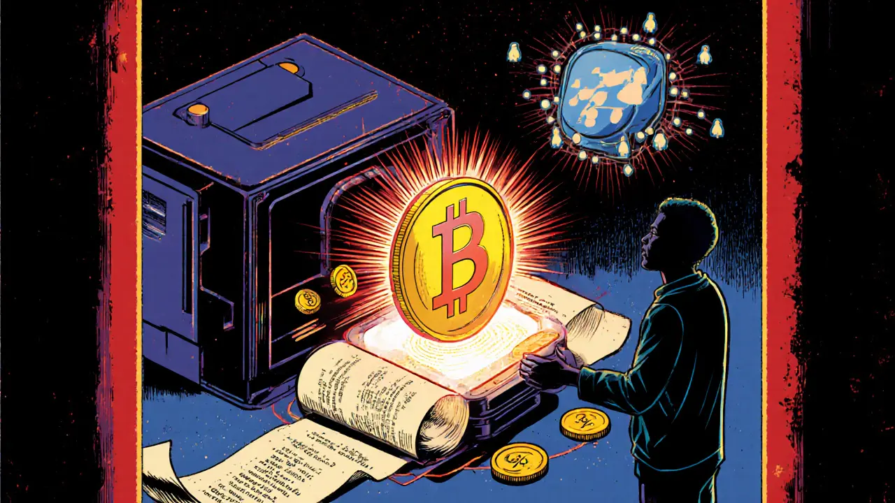 Creator mints a digital artwork into an NFT token surrounded by royalty coins and smart contract scroll.