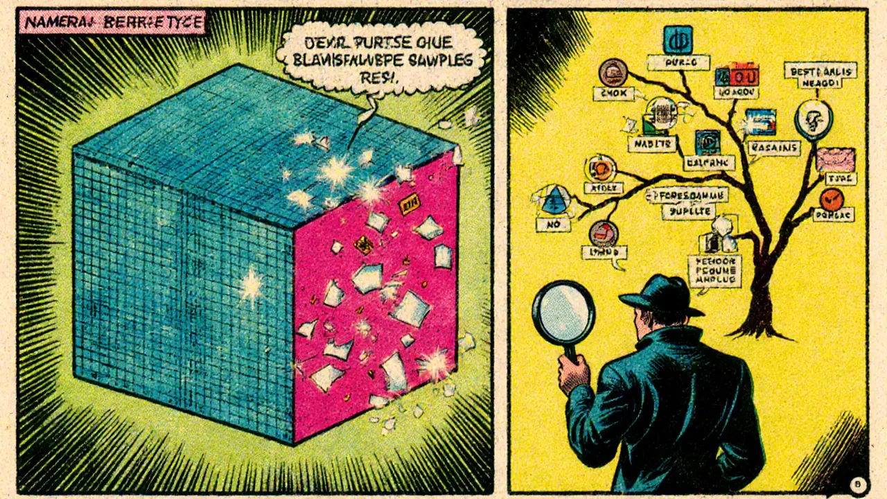 Detective character sampling data shards from a glowing block and a branching merkle tree.