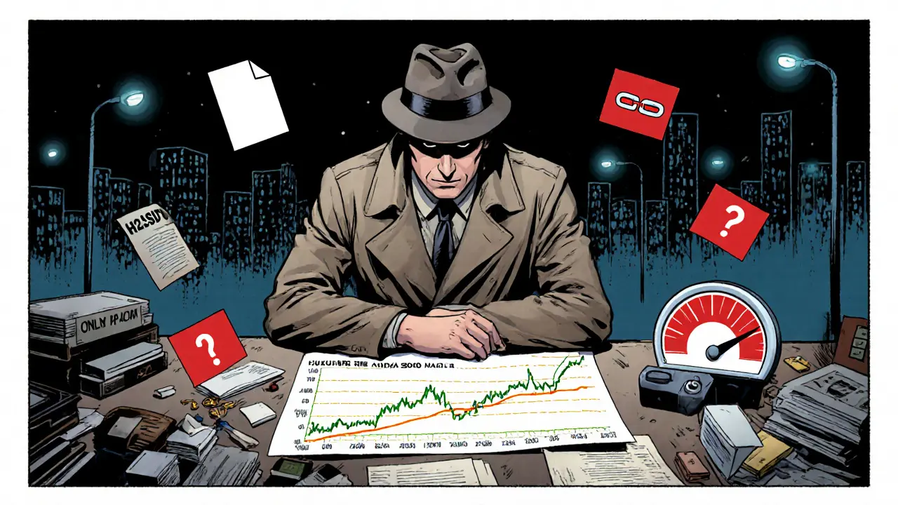 Detective examining H2 price chart with red‑flag icons for missing whitepaper and limited listing.