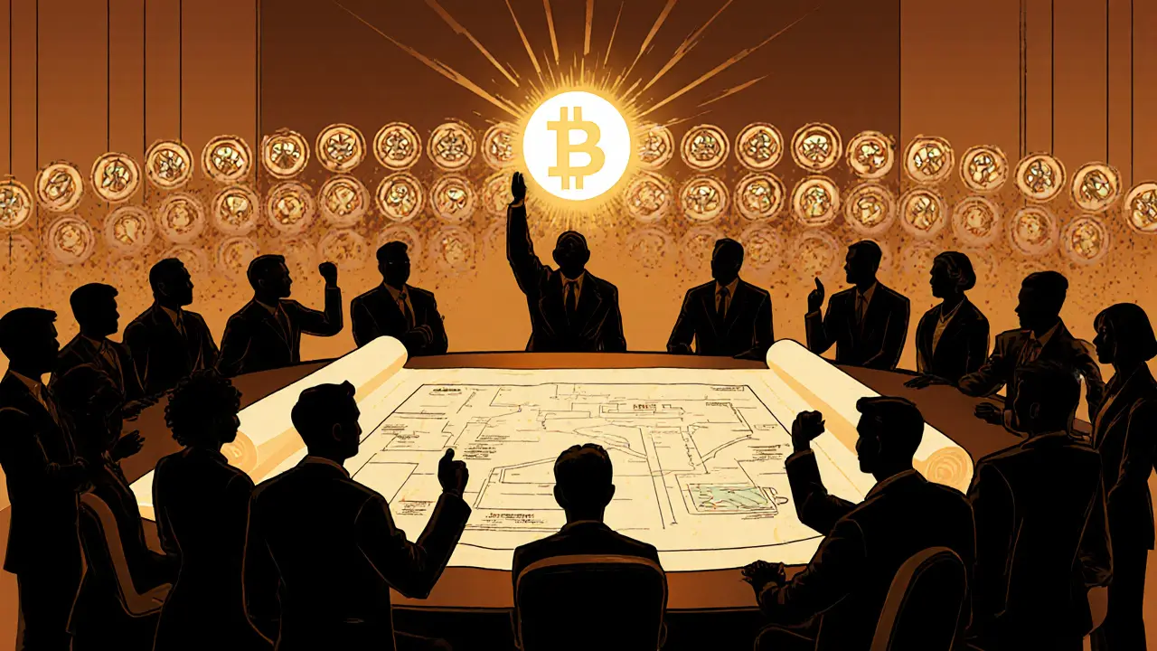 Developers and validators gather around a bright roadmap table, symbolizing a coordinated planned fork upgrade.