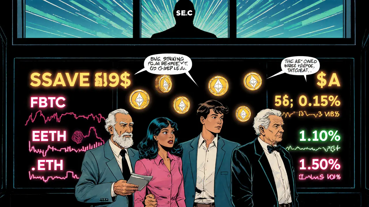 Diverse investors admire ETF fee labels and staking rewards under the watchful eye of a shadowy SEC figure.