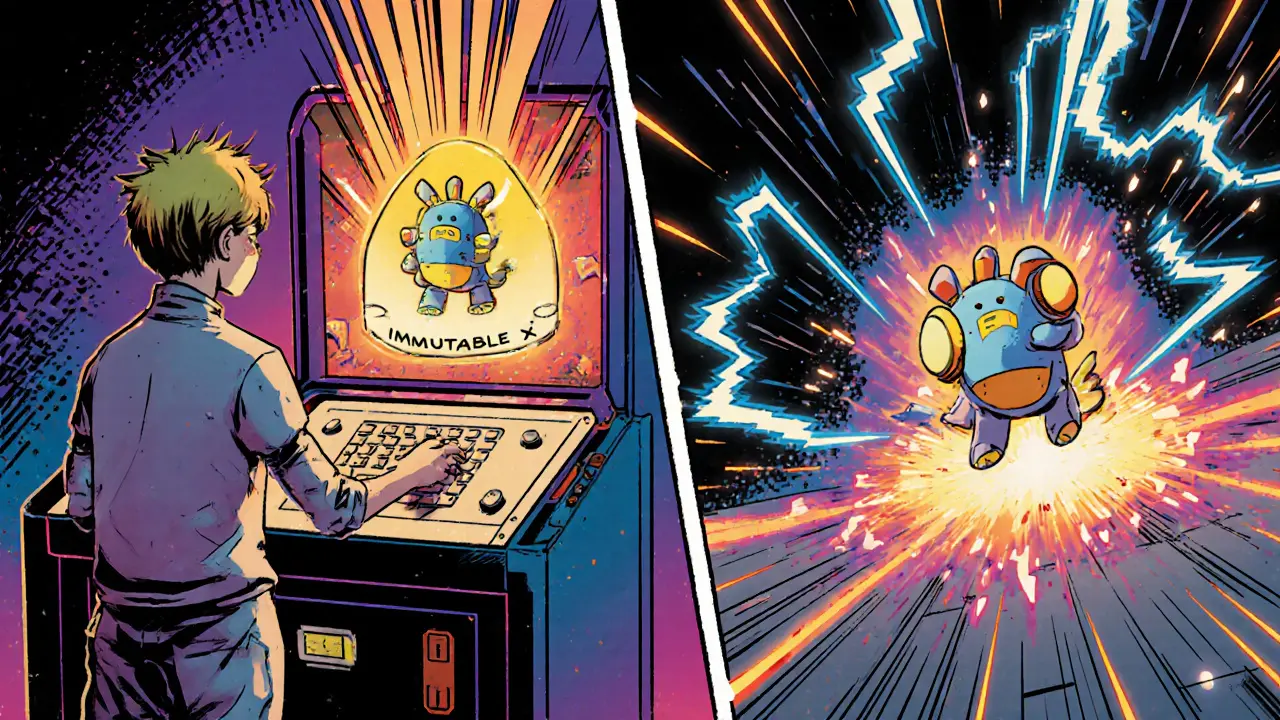 Dual scene of AI toy design turning into NFT and training a Ponchiq creature, action‑packed vintage comic illustration.