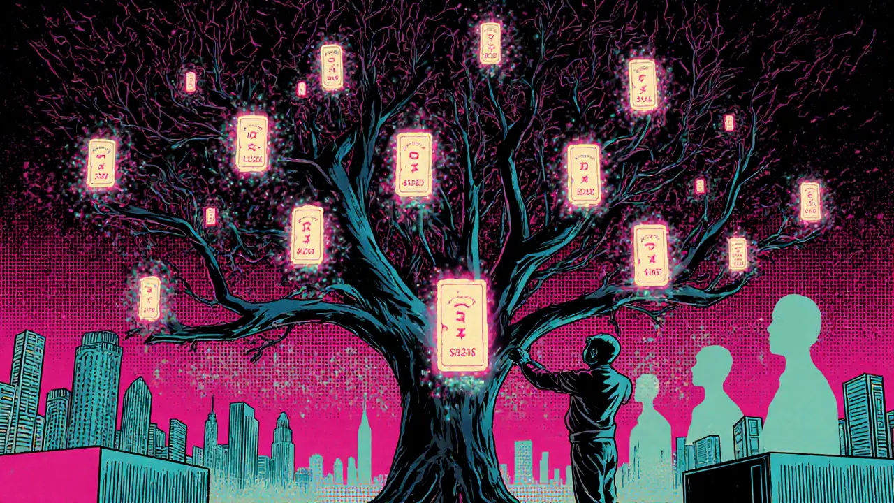 Ethereum&#039;s Merkle-Patricia Tree as a glowing city with account doors and fading ghost accounts representing exclusions.