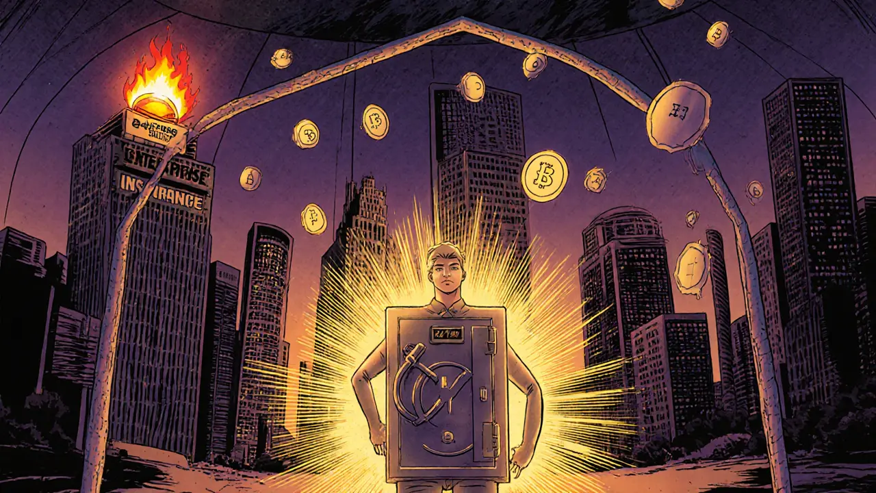 Future cityscape of blockchain nodes under a protective dome with fire alarm and insurance shields.
