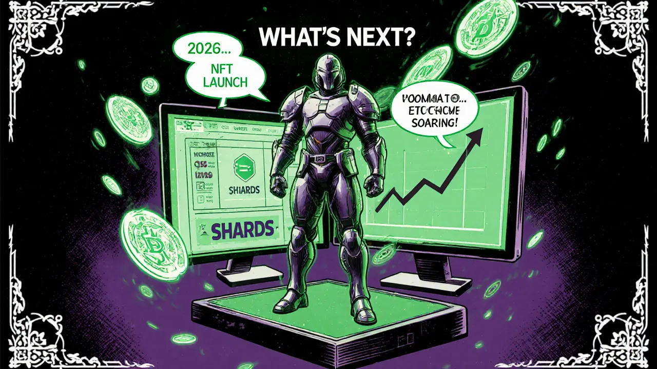 Future outlook comic scene with hero, game consoles, NFTs and rising token chart.