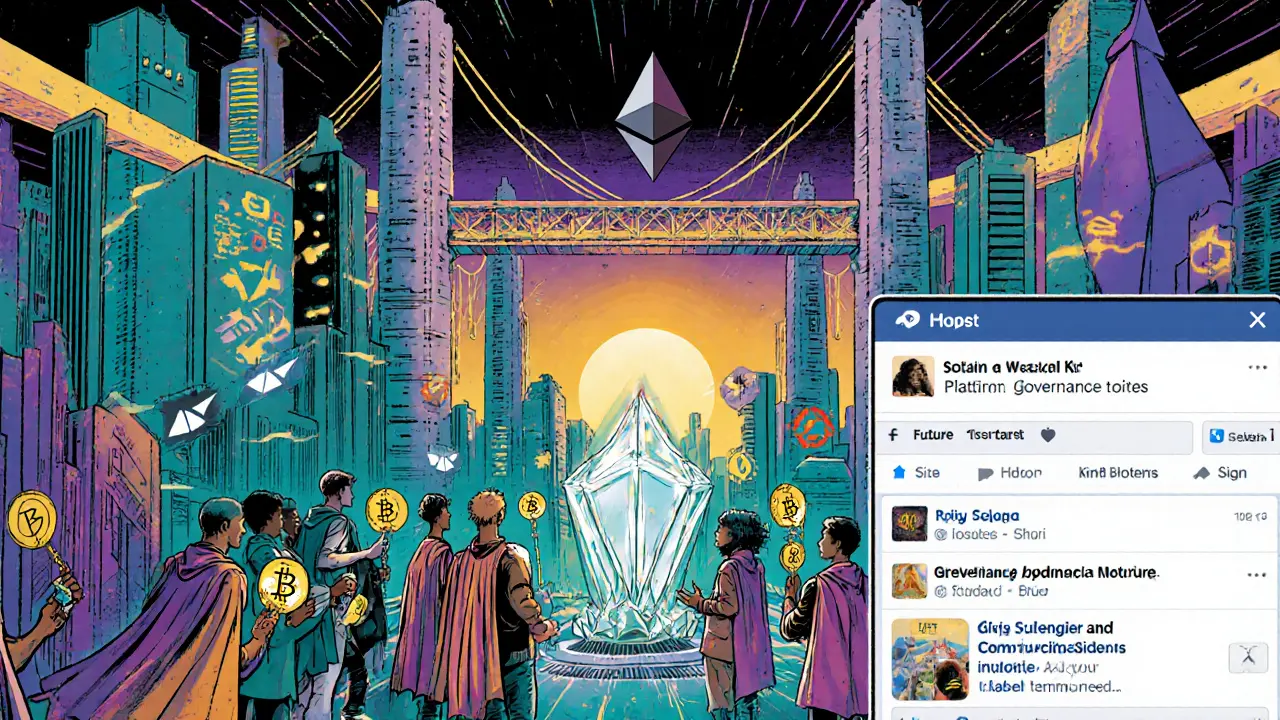 Futuristic city with cross‑chain bridges, users holding governance tokens voting in a council.