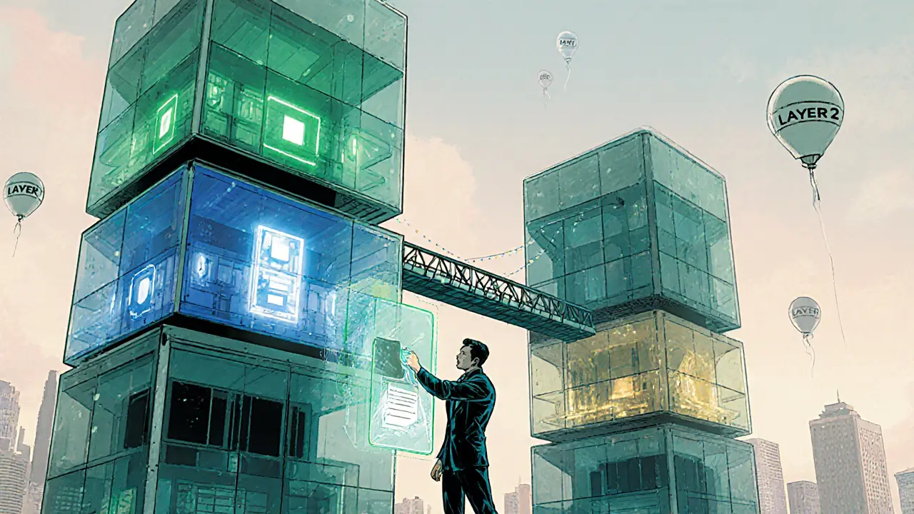 Futuristic modular city with DAO figure voting, robot bridge, and roll‑up balloons representing Layer‑2.