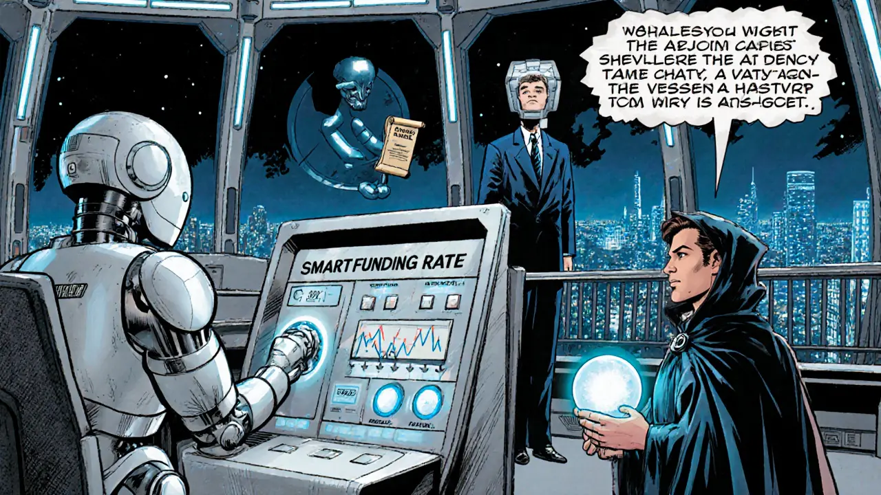 Futuristic scene of AI adjusting funding rates with regulators and a heroic trader.