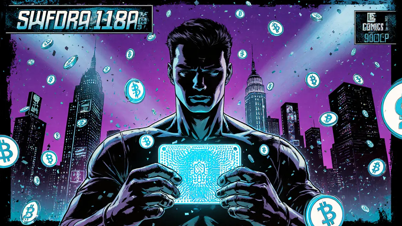 Futuristic wallet‑card held by a collector as tokens rain over a neon‑lit city skyline.