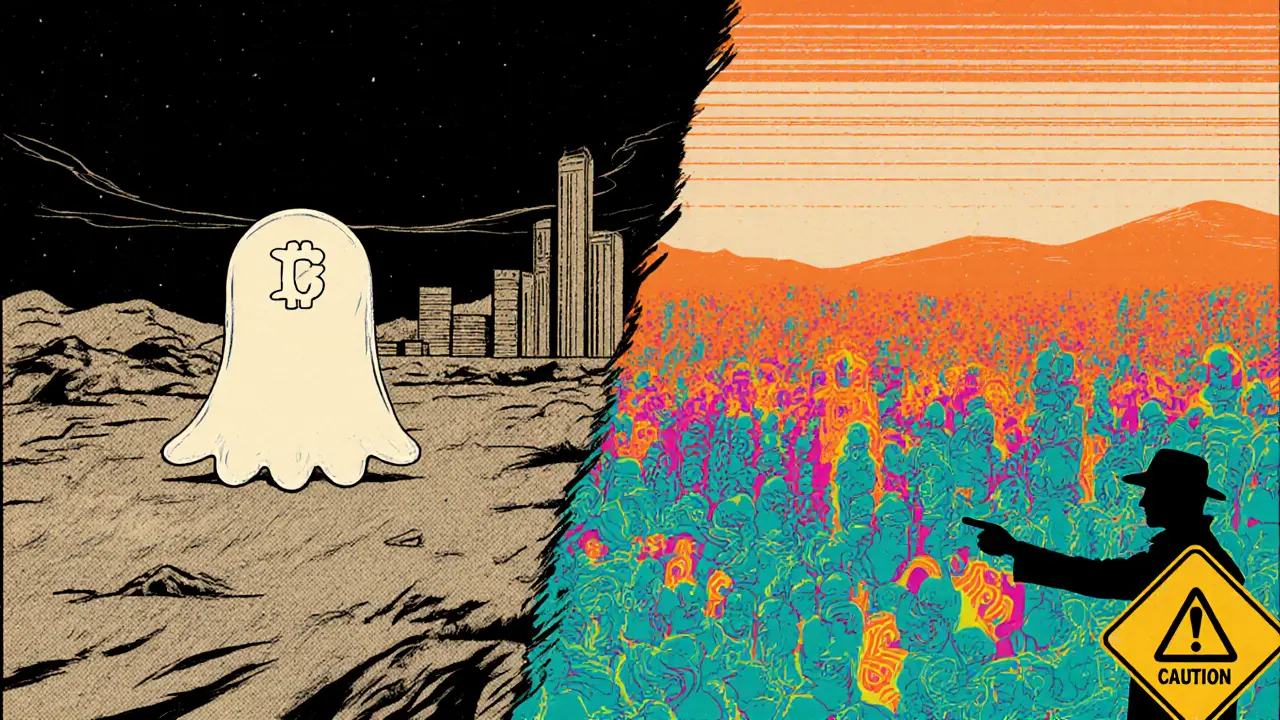 Ghostly token drifting away beside vivid scenes of active PoS networks with a caution narrator.