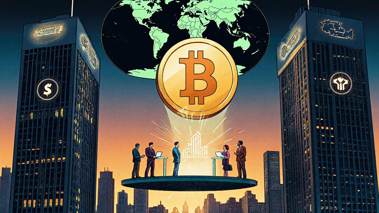 Hybrid token glowing between utility and security skyscrapers in a futuristic city.