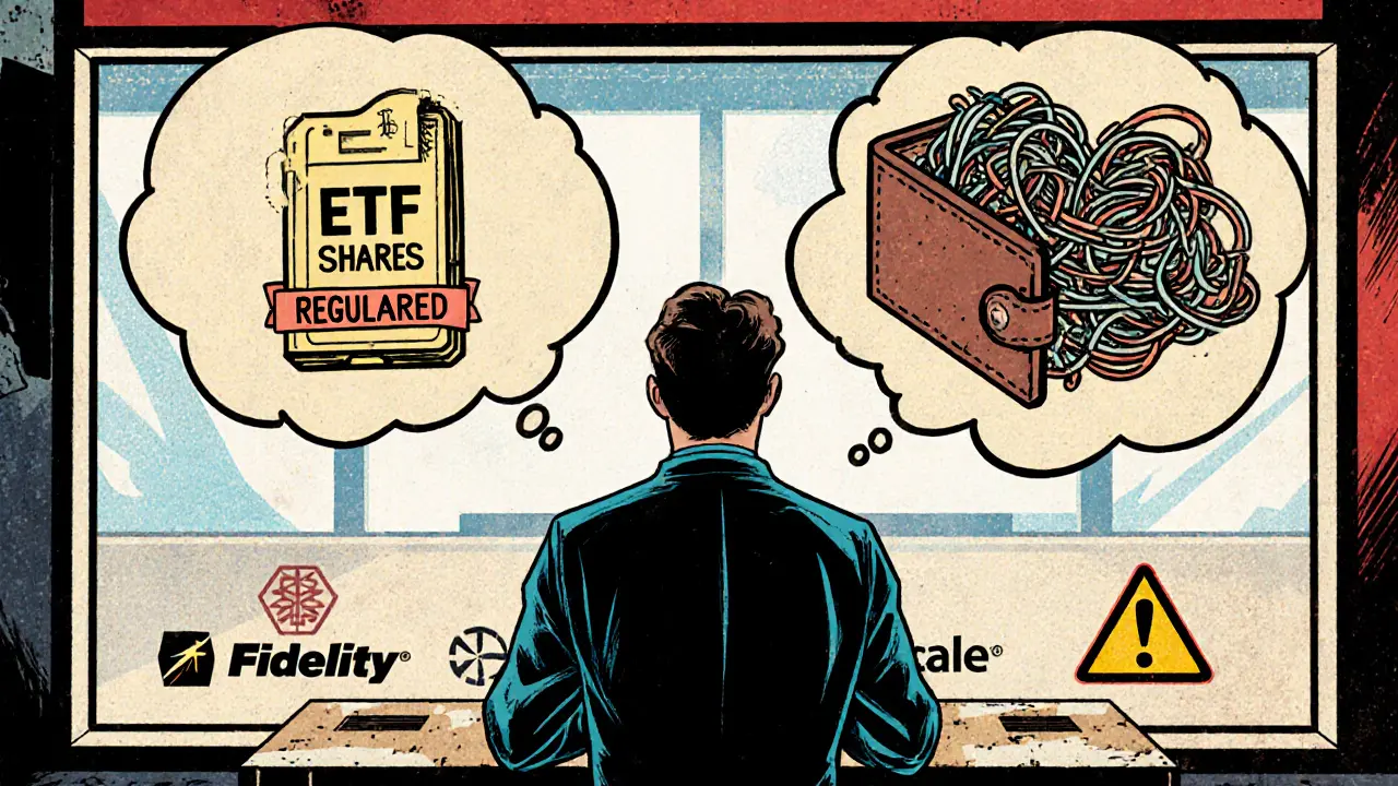 Investor at a brokerage window weighing an ETF share against a chaotic crypto wallet.