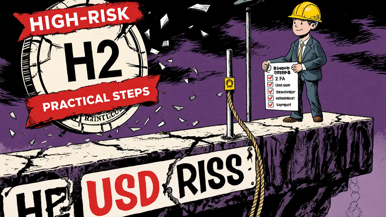 Investor facing a crumbling H2 token with warning signs and a stop‑loss rope.