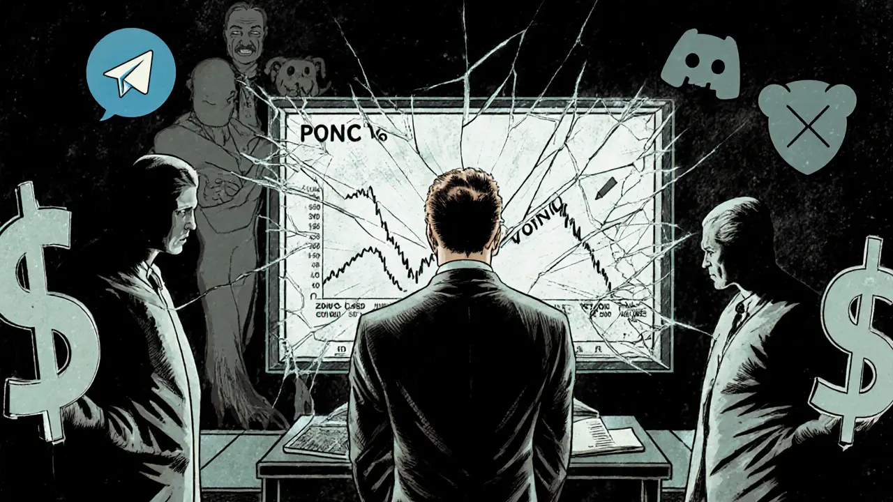 Investor looking at falling PONCH price chart with zero volume, surrounded by ominous market figures in retro comic style.