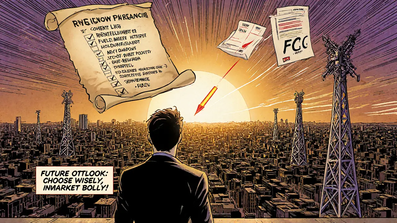 Investor looks at sunrise cityscape with DePIN towers, checklist scroll, and market growth comet.