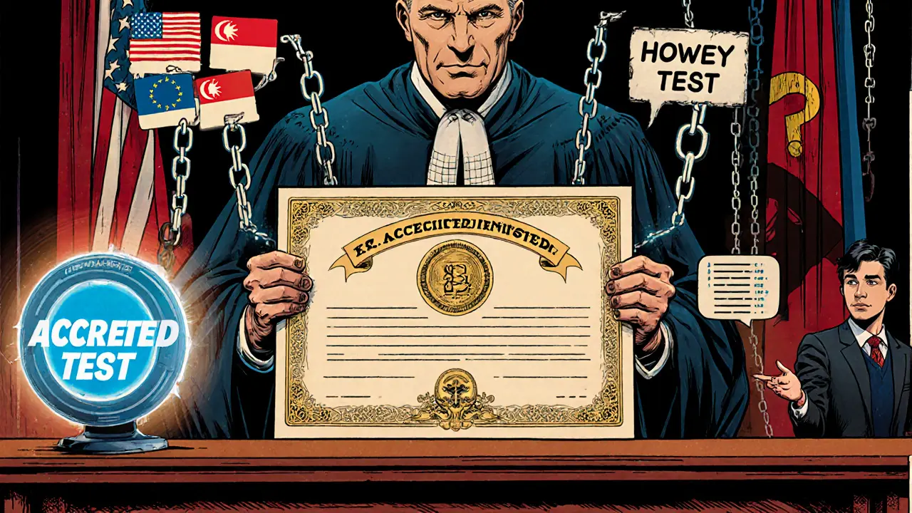 Judge holding security token certificate with digital compliance elements.