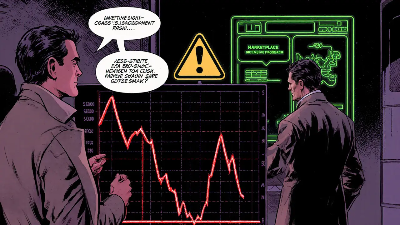 Old‑school comic illustration of a falling SMAK price chart and futuristic cross‑chain escrow plans.