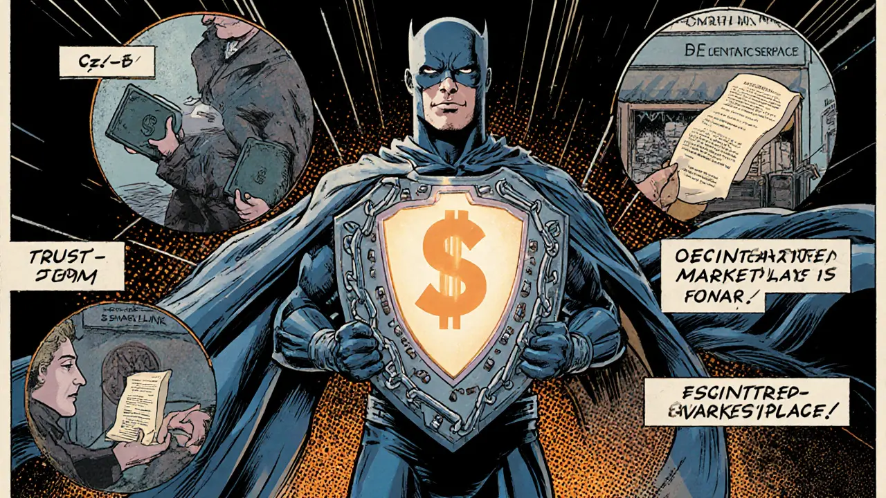 Retro comic scene of Smartlink hero using an escrow shield over various trade scenarios.