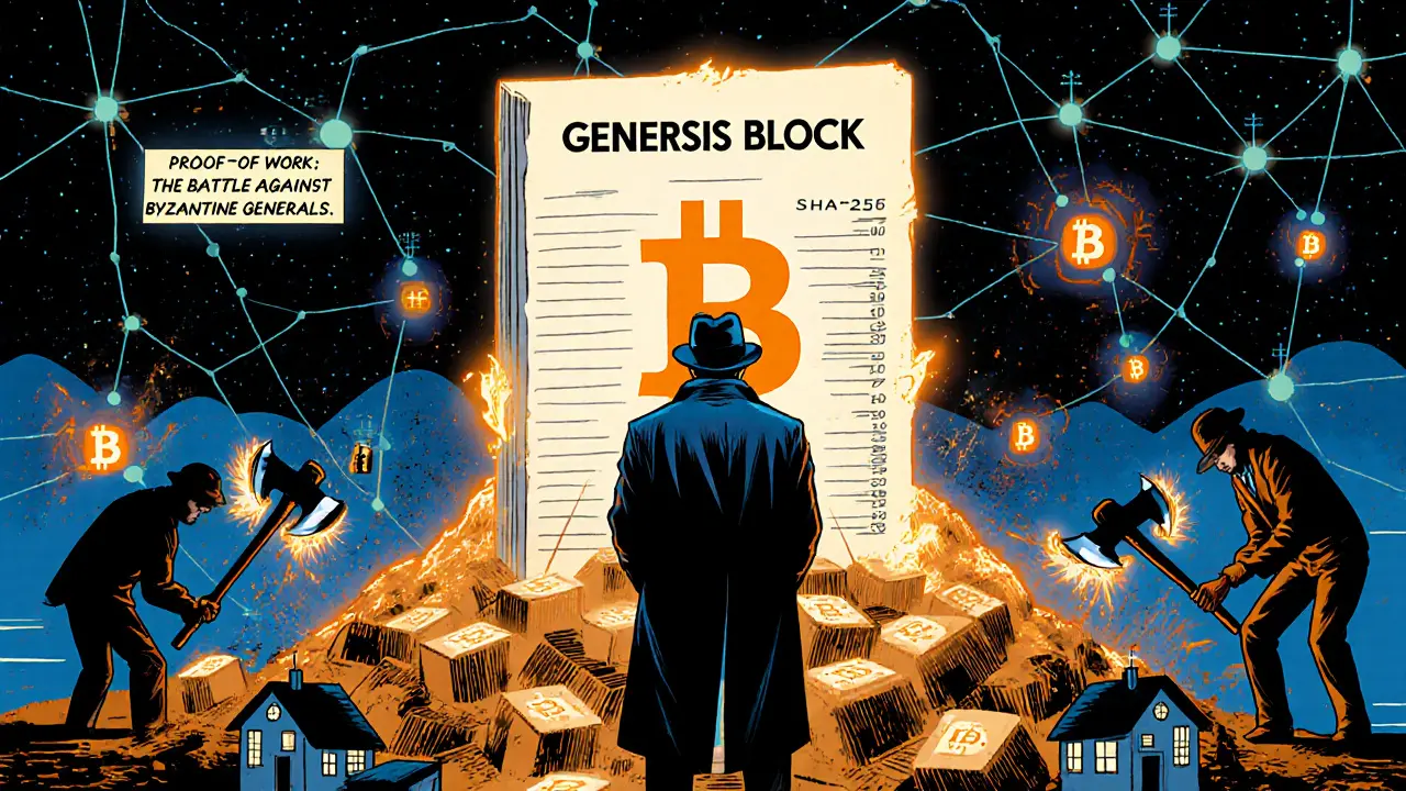 Satoshi launching Bitcoin with miners, genesis block, and network nodes under night sky.