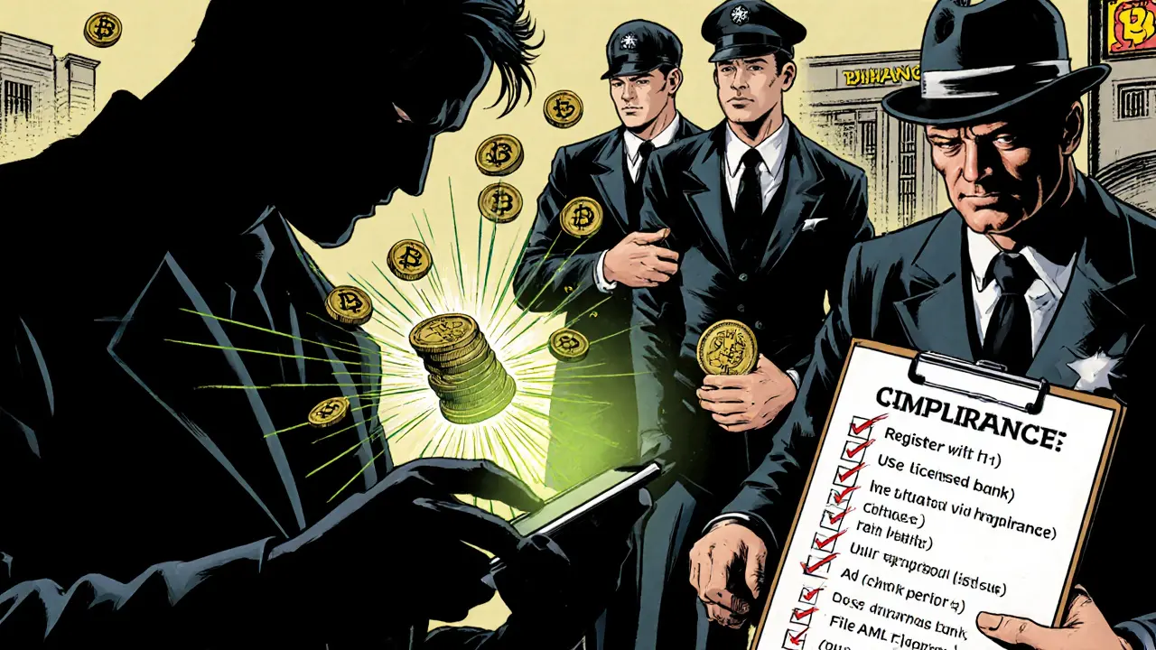 Shadowy figure using a peer‑to‑peer device seized by agents, with a compliance officer checking a checklist nearby.