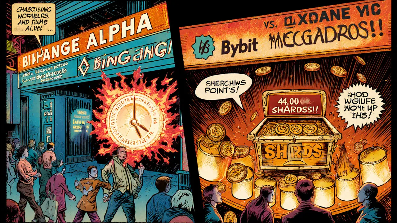 Sideâbyâside comic panels show Binance countdown airdrop vs Bybit staking megadrop.