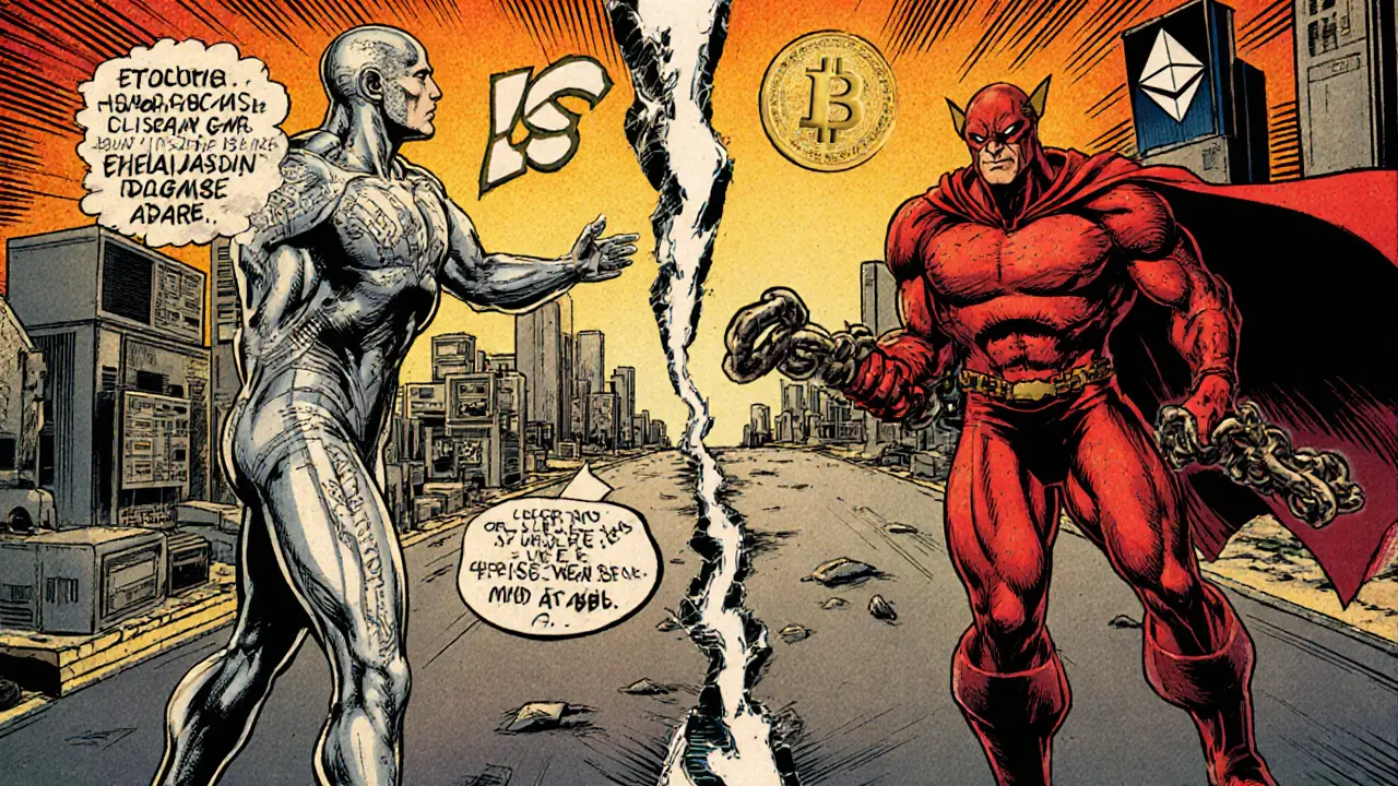 Soft Fork hero in silver versus Hard Fork warrior in red, causing a split in a blockchain road.