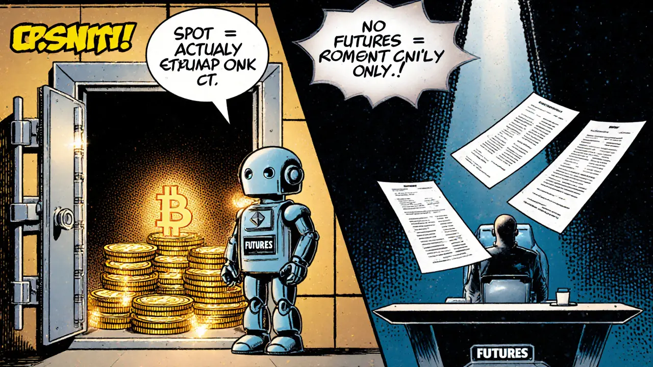 Split panel showing a vault with real crypto coins versus contracts for futures.