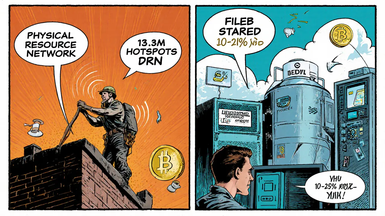 Split scene showing a rooftop hotspot installation versus a digital storage and GPU rig setup with metric bubbles.
