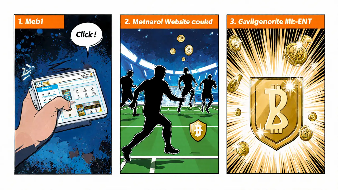 Three comic panels showing wallet connection, simulated match, and reward reveal of tokens and NFT.
