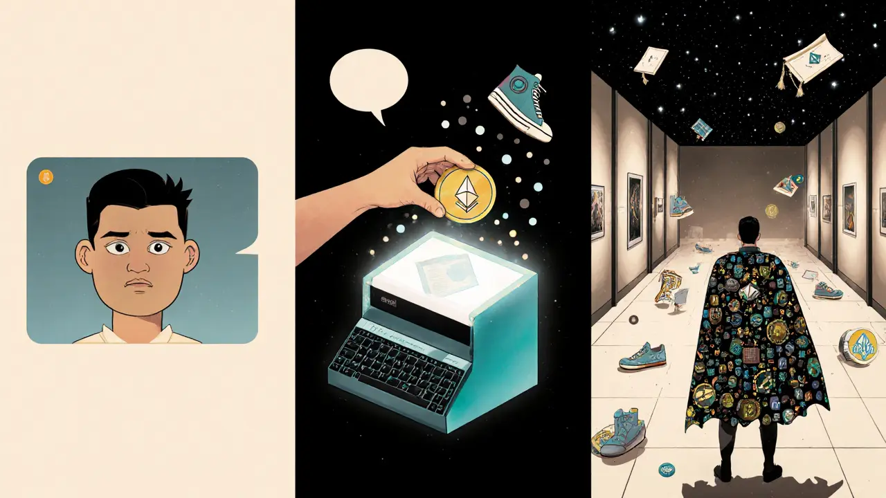 Three panels show the journey from screenshot to owning digital assets on Ethereum.