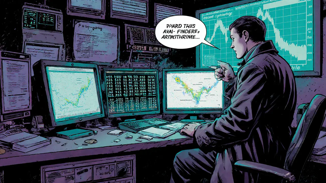 Trader examines funding rate dashboards and heatmaps, plotting arbitrage strategies.