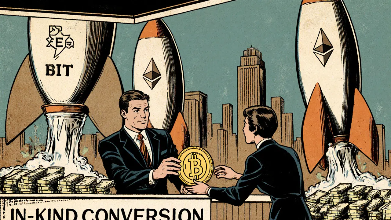 Trader exchanges physical crypto coins for ETF shares at a bank counter, with digital assets rising like rockets in the background.