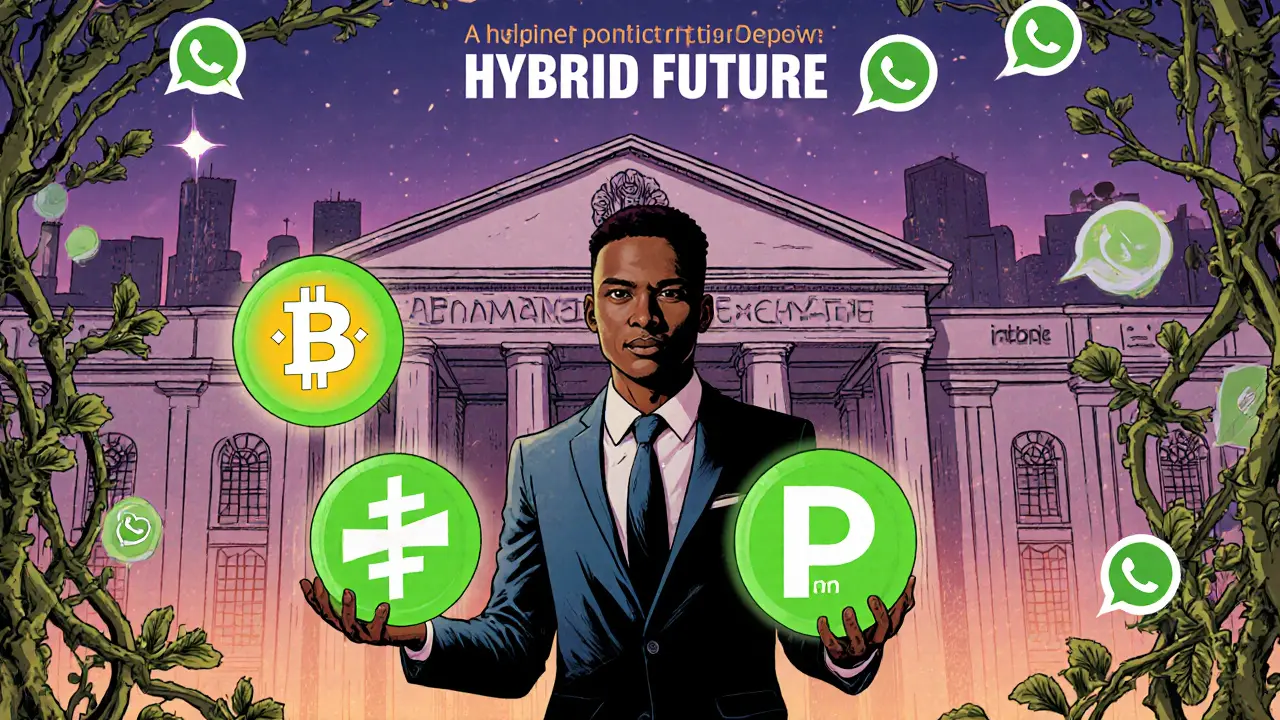 Trader juggling multiple exchange logos while a courthouse and chat bubbles surround him.