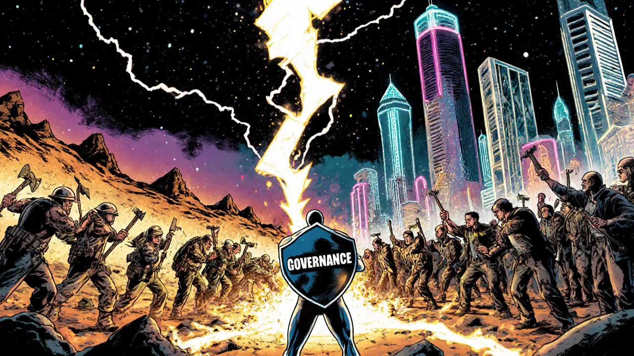 Two rival groups pull a broken blockchain chain apart, with a governance hero shielding between desert and neon worlds.