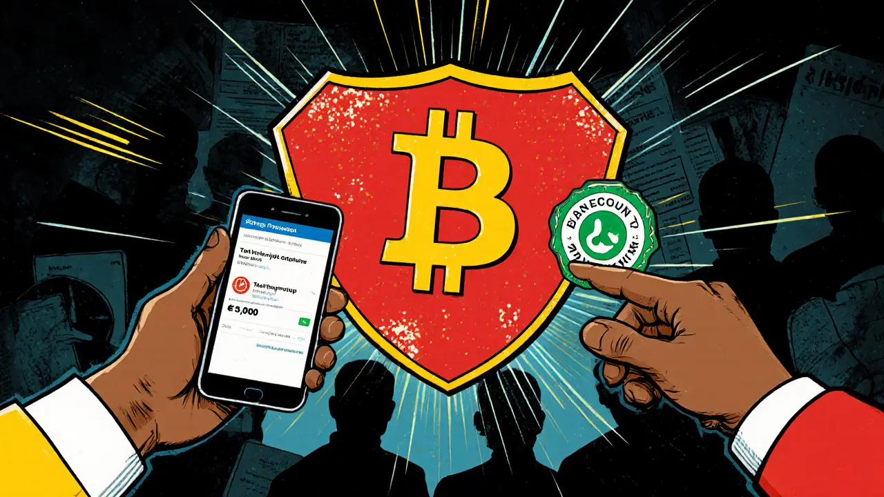 Two traders exchanging crypto via escrow shield with WhatsApp and Telegram icons.