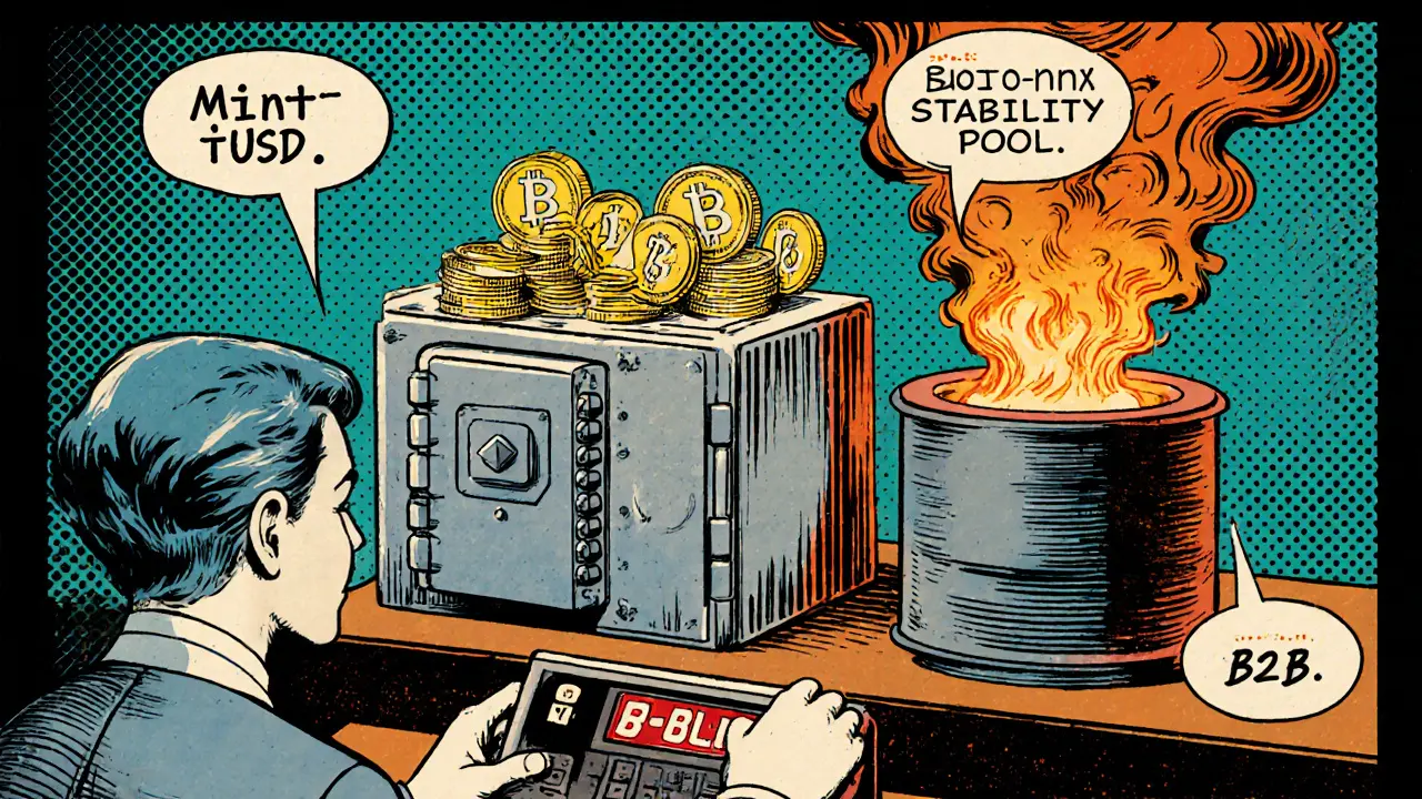 User connecting a Cardano wallet, depositing ADA into a CDP, minting iUSD, and a burn furnace reducing debt.